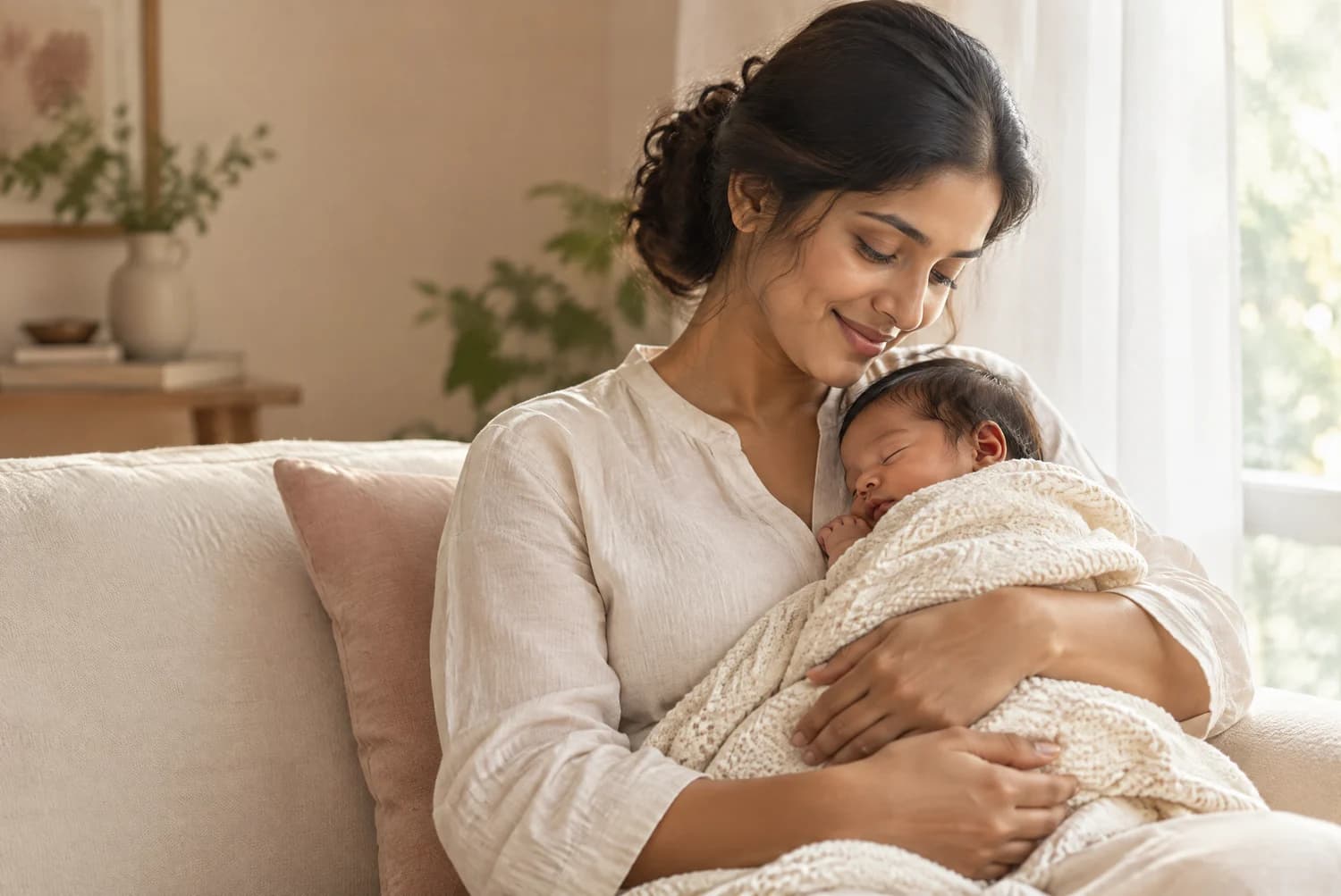A mother tenderly holding her sleeping newborn in a sunlit room